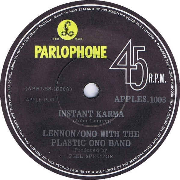 LENNON/ONO WITH THE PLASTIC BAND-INSTANT KARMA/WHO HAS SEEN THE WIND 7" VG